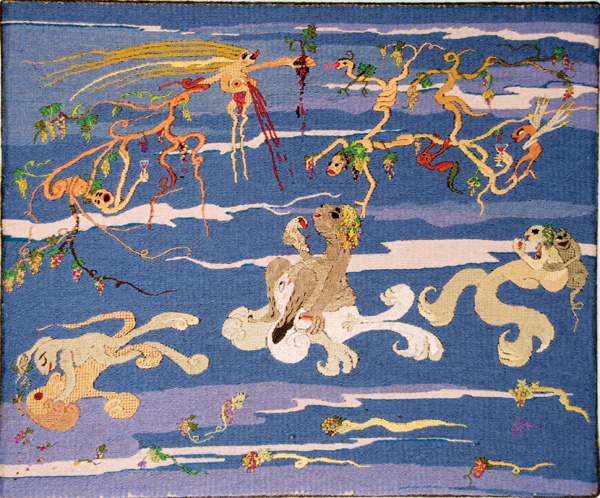 Celestial Grapes, 21 in H x 25 in W, 1994. Wool, cotton and silk threads on needlepoint canvas. Photo: Abar Color Labs.