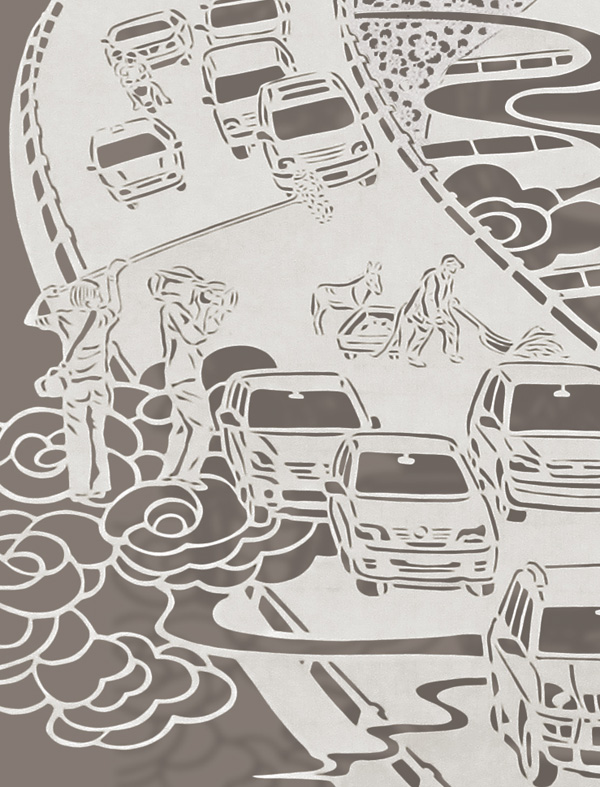 Sewing Highways, detail, 25" x 21", Cut Paper, Chinese Rice Paper on Silk