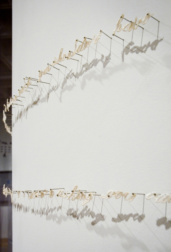 Detail: Lies, lies, lies…, Museum of Arts and Design, NY. Collected and embroidered lies, pins, shadows, 2004/2007, 20"H x 14"W x 1½"D, embroidery. Photo: Andrea Rollefson.
