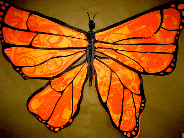 Monarch Butterfly. 2009 5' x 4' Washi paper-cut. Part of Insects paper-cut show, David Kaye Gallery/Ontario Craft shows.