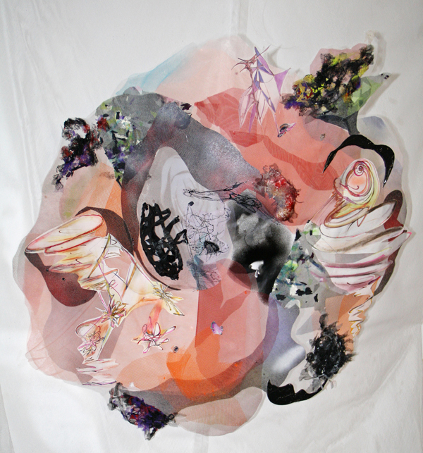 Swept Away at Sunset, 38" x 45", industrial mesh, paint, drawings, mixed media, (partially suspended). Photo: Cathy Breslaw.