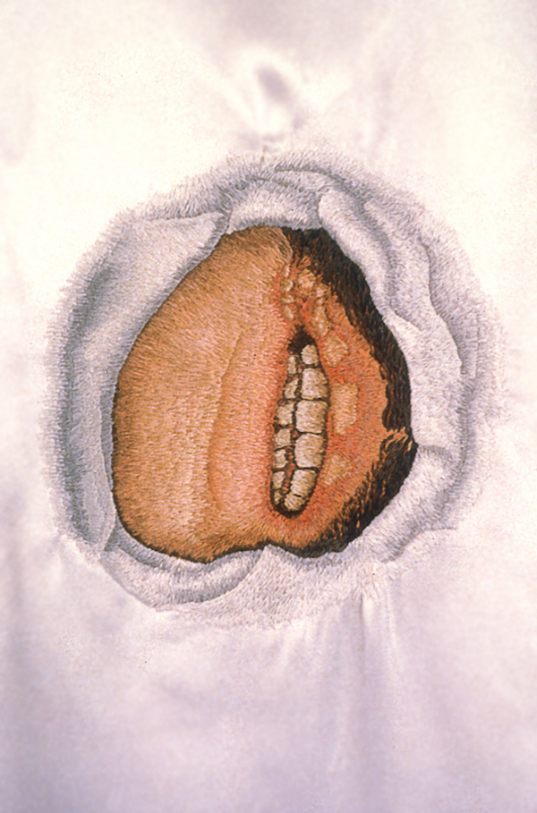 Freud's Bride, detail, 60 x 16 x 30, 1996, Found satin dress, hand embroidery, armature. installation at Duke-u-menta, Toronto. Photo: Simon Glass