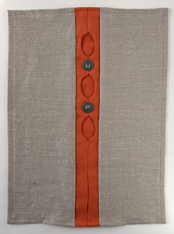 Button Up detail (Idiom Series), 12w" x 16"h, Linen, buttons and embroidery thread, Machine stitched with hand sewn embroidery, Photo: Kathryn Clark