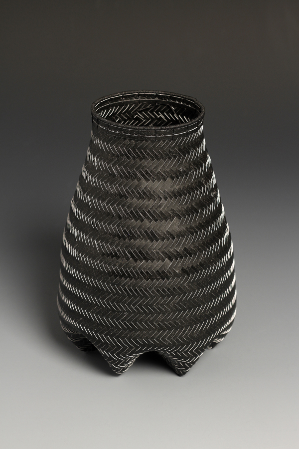 Onyx, Yupo paper, acrylic paint, waxed linen thread, 2010, 8 x 6 x 6", diagonal twill woven basketry, sewn rim, Photo: Ken Rowe