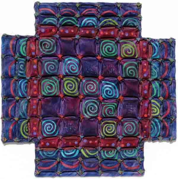 Overshot Variation III, 22.5 H x 22.5 W cm, 100 silk, fibre reactive dyes and was resist and fabric paint, hand painted silk, photo: B Hilts