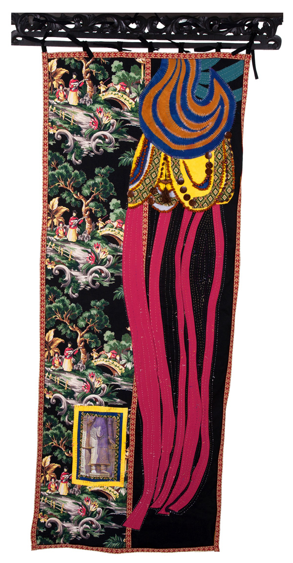 Aspara 20, 30W x 68H, fibre, textiles I collected in the region and cloth I created. Fibre techniques are drawing, painting, machine and hand sewing