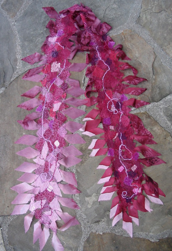 Filigree Feathers scarf, materials: silk pongee, yarns and threads; techniques: hand dyeing, thread-web, freemotion embroider