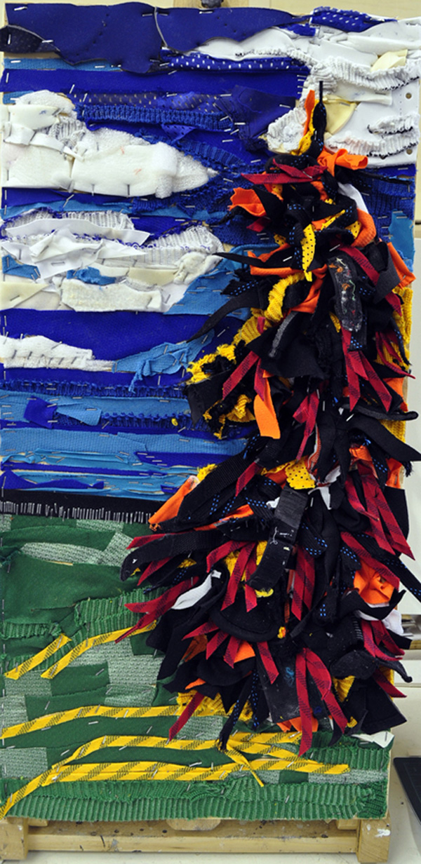 Red Spruce, recycled hockey gear on board, 14" x 28", 2011.