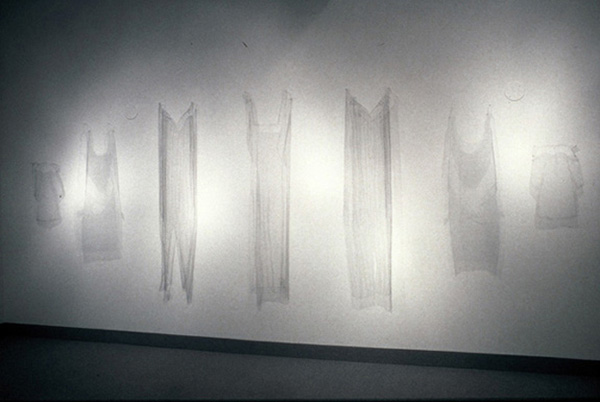 Veiling, installation, woodblock printed figures on veiling, life size, 1996.