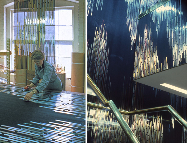 Window Panels for McDonald's, Thermal veil, anodized aluminum, 3000 square feet, in collaboration with Bulow Fabrics. Commissioned by Jerome Markson Architects for the McDonald's flagship restaurant at 480 University Avenue, Toronto, photos: Harold Duke; left: technical sample behind work in progress; right: main stairwell. The panels were designed to allow people inside the restaurant to see out, but to preserve the dignity of this grand avenue by obscuring restaurant activities. They also had to withstand frequent industrial cleaning. The 28, 21' high panels were fabricated by cutting slits in the thermal veil, weaving through the metal strips, and gluing into place. The work was completed in 10 weeks, from design to installation