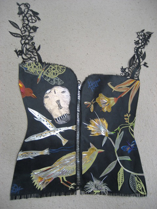 BulletProof Vest (full). 2013 27" x 35" Full colour paper-cut collage.  Washi papers and metallic papers. For show at David Kaye Gallery.