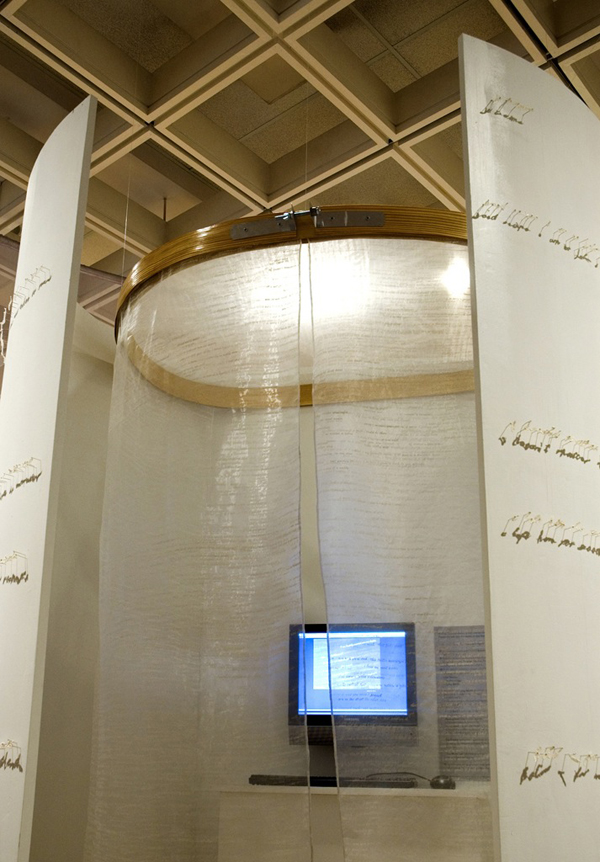 Lies, lies, lies…, Museum of Arts and Design, NY. Collected and embroidered lies, pins, shadows, lying booth (fabric screen-printed with collected lies, hand-made oversized embroidery hoop, interactive web project), 2004/2007, 96"H x 60" circumference, embroidery, screenprint. Photo: Andrea Rollefson.