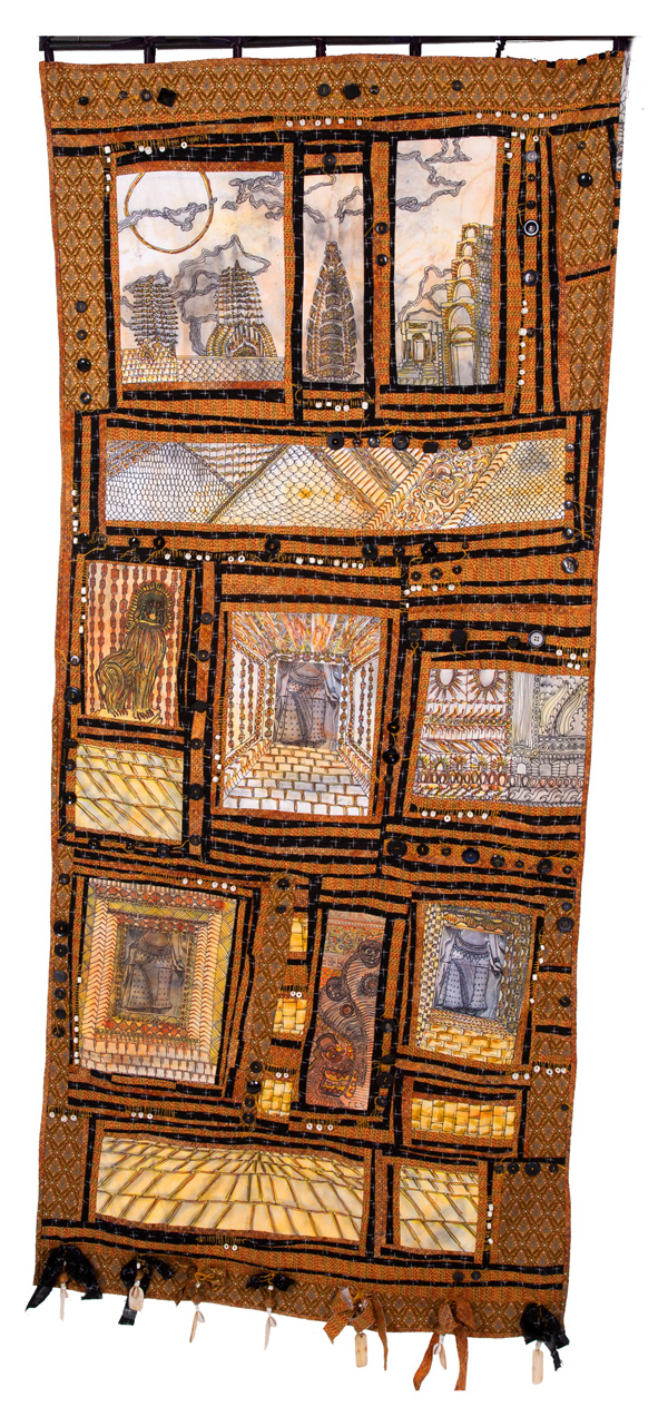 Aspara 28, 36W x 75H, fibre, textiles I collected in the region and cloth I created. Fibre techniques are drawing, painting, machine and hand sewing