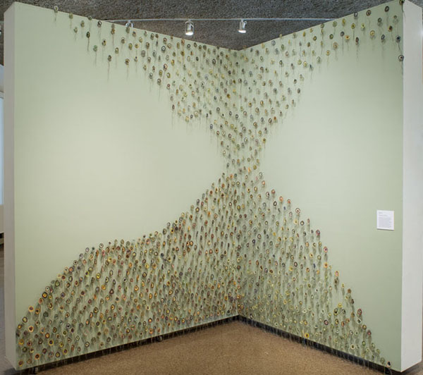 They Keep on Growing, thread & insect pins, 2013, crochet, installation: Schweinfurth Art Center, Auburn, New York, USA, 10' x 16' x 2".