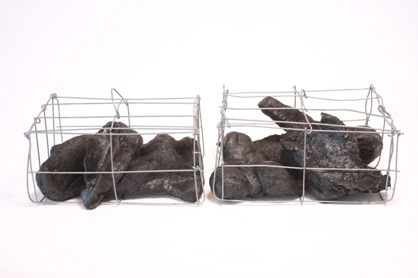 Extraction, a, b, wool, beeswax, ink, wire, 2012, 4" x 8.5" x 6" (4 pieces), hand-felted, stitched, encaustic, assembled. Photo: Merce Mitchell