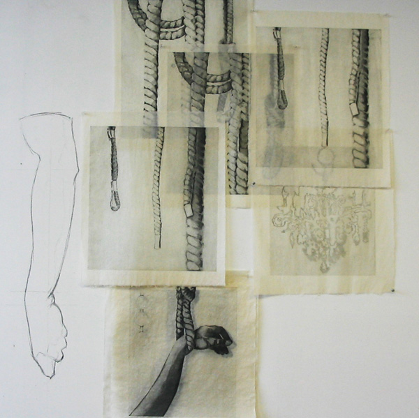 Suspensibility, etching on Kurotani paper, 96"H x 58"W, graphite on wall, photo: Yael Brotman