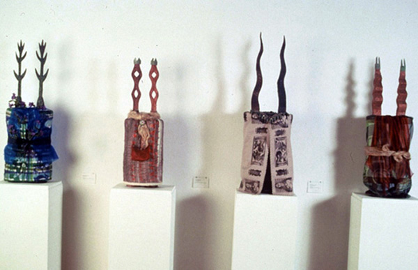 Torahs, mixed media assemblages, with Lanny Shereck, average size: 30 x 10 x 4 inches, 1995.