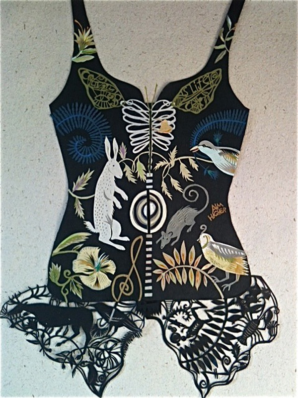 BulletProof Vest 4 (full). 2013 27" x 35" Full colour paper-cut collage.  Washi papers and metallic papers. For show at David Kaye Gallery.