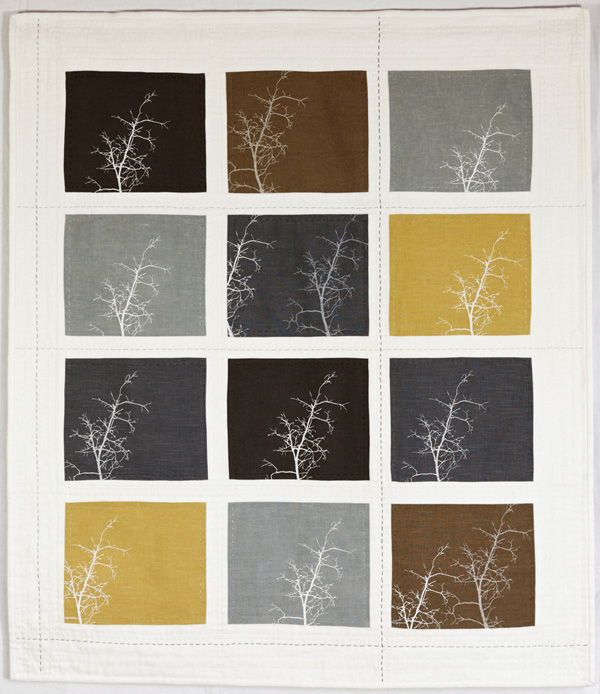Tree Lines no. 2, 2010, 35" x 40", screen printed linen and vintage linen, silk and linen thread, hand stitched, photo: Peter Aaslestad