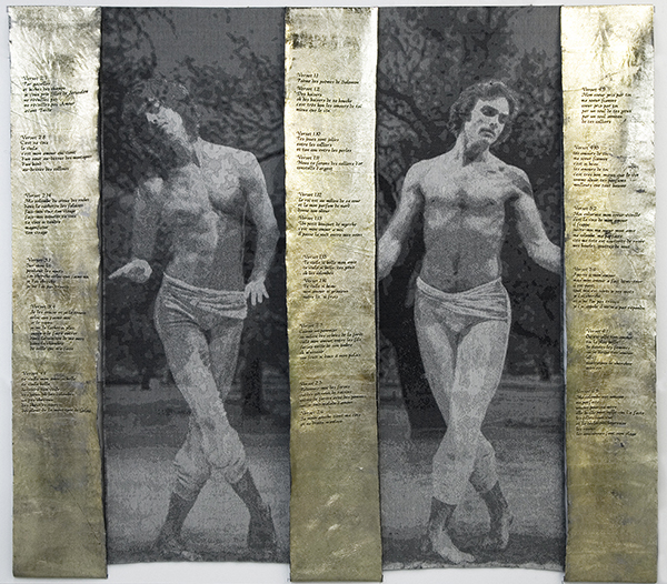 The Song of Songs, 2006, Jacquard weaving. From a choreography entitled La Cérémonie by Fernand Nault. The photograph of the dancers by Ronald Labelle --- The background olive tree, a photo by Louise L.Berube. Slide panels were covered with gold paper and embroidered with versus of The Song of Songs. Cotton, linen, gold paper, embroidery, 218x242 cm.
