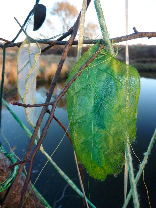 Passage – detail, – spring; materials: wool felt, wool roving, nylon, cording, thread; technique: freemotion embroidery