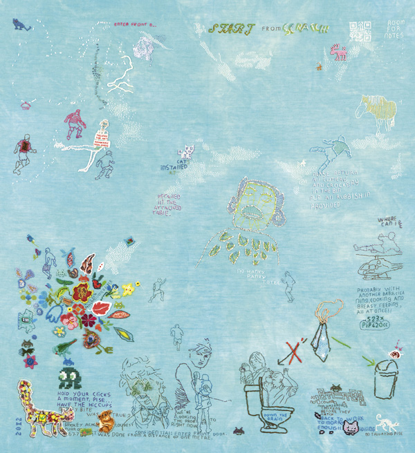 Scratch., hand embroidery on fine linen (50 count, evenweave) with a variety of fine threads (cotton, silk, rayon, polyester, metal). 78 x 70 cm. Photo: Rob Mostert.