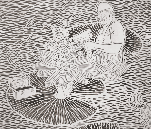 Wash, Cut, Dry, detail, 24.5" x 19.75", Cut Paper, Chinese Rice Paper on Silk