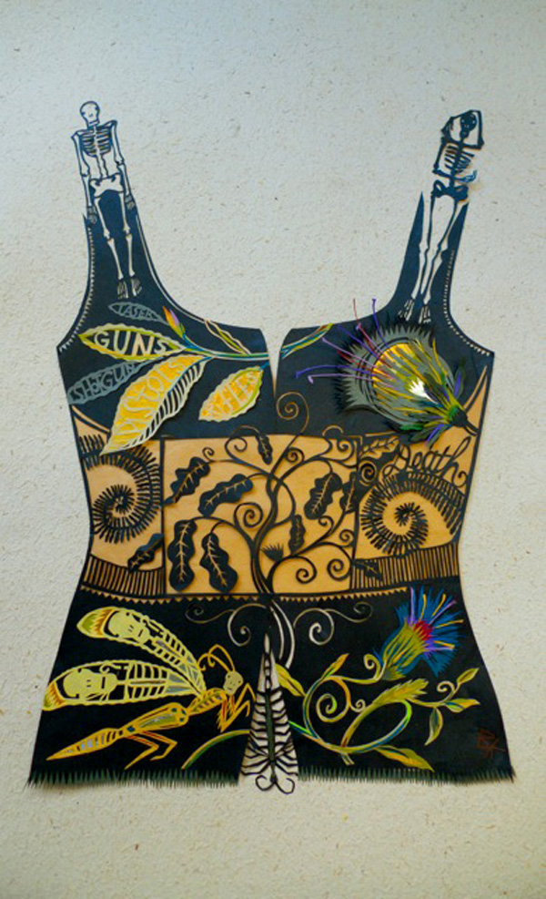 Preying Mantis. 2013 27" x 35" Full colour paper-cut collage.  Washi papers and metallic papers. For show at David Kaye Gallery.