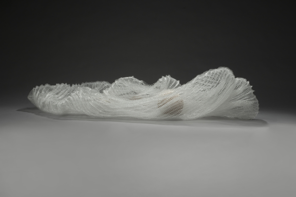 Undulated (Basket), 2012, 9.5" x 21" x 49.5", Monofilament, wood, jute, paint. Technique crochet. Photo: John Carlano.