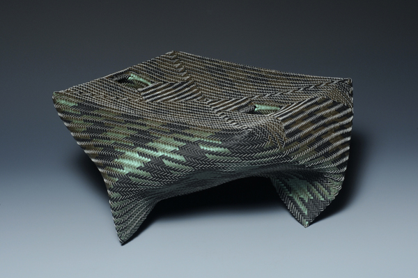 Twain, watercolor paper, acrylic paint, 2009, 7 x 19 x 19", diagonal twill woven basketry, Photo: Ken Rowe