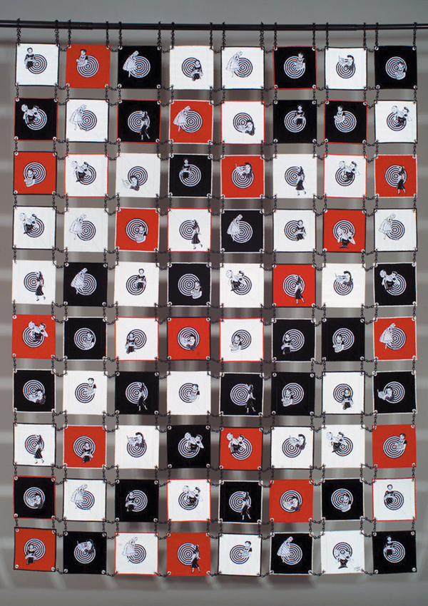 Unchained? Quilt Commercial fabrics, metal chain, grommets, machine appliquéd and quilted, 2006 73" x 56", Photo: Tom Fitzpatrick
