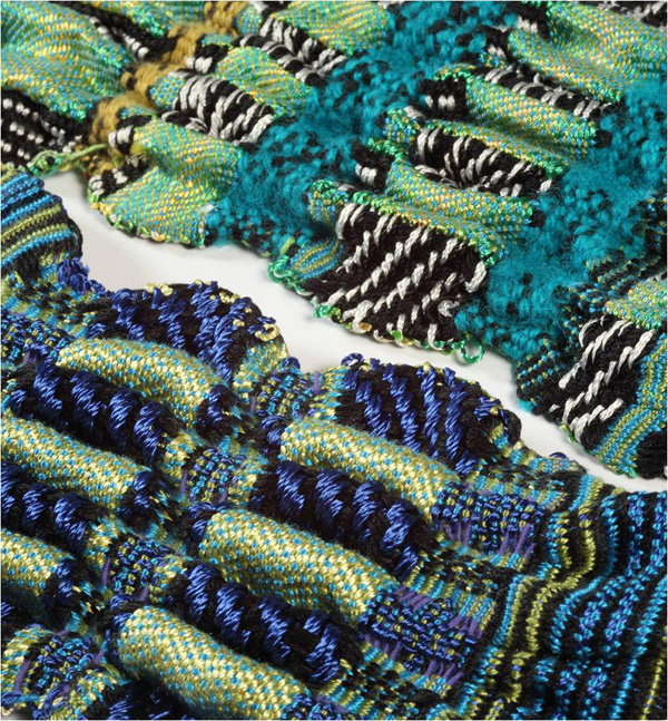 Aquatic Series: sample 2, 2010. Cotton, rayon, wool and elastic. Multi-layered block-weave structure created on a 24 harness compu-dobby loom. Detail: 8" x 8" x ½"