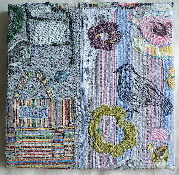 Park Life, found and vintage textile layers, machine and hand embroidery, ribbon, 2011, 40 x 40 cm, sewn textile collage, Photo: Anne Kelly