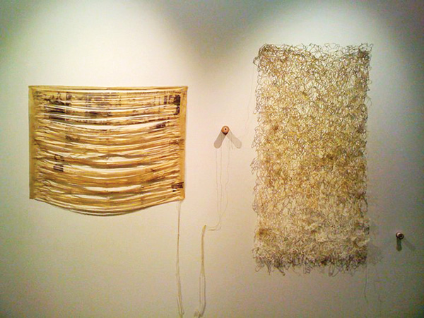 From Rags to Riches – Installation shot, 2010, Rug: 101 cm h x 61 cm w x 3.8 cm d, Handspun kozo papers, crochet, konnayaku starch, polychromatic screen print, wooden spools. Photograph: Lizz Aston