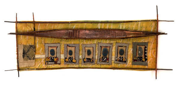 Pilgrim, embellished, found and new textiles, copper, African bark cloth, willow branch, copper wire, 25" X 50", 2012, Photo credit: Mark Vander Vennen