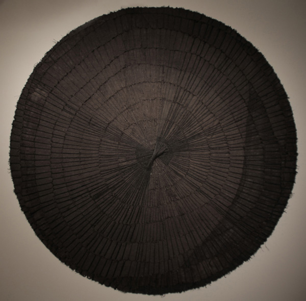 Good Morning, Midnight, size 91" diameter, Medium: burlap, twine, thread, dye.