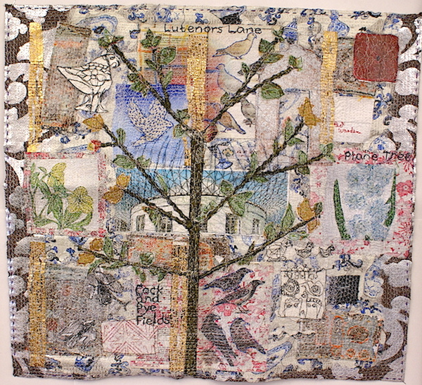 Cock and Pye Fields, found and vintage textile layers, machine and hand embroidery, image transfer, 2010, 80 x 80 cm, sewn textile collage. Photo: Anne Kelly