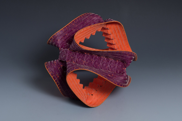 Satellite, watercolor paper, acrylic paint, waxed linen thread, 2012, 12 x 15 x 12", diagonal twill woven basketry, sewn rim, Photo: Ken Rowe