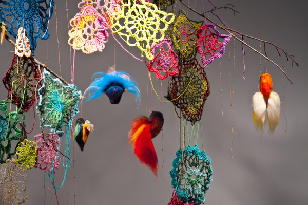 Birds of Paradise in the Garden of the Collector, 2010, 70" x 82" x 12", materials: wool, cotton, silk, glass, branch, technique: crochet, wet felting, needle felting, embellishment.
