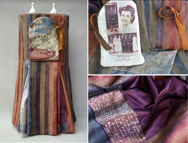 "Honouring Our Parents", Silk and various fabrics, silk-screen, photo-transfer, stencilling and machine appliqué. A set of three, each sized for a specific scroll. Commissioned by Joel and Cyrel Troster for Darchai Noam Congregation (Toronto) and by Rabbi Lawrence Troster. This set of three mantles, each in a different fabric and designated for a different use, is unified by the text on the breastplate, which continues in Hebrew lines from Psalm 19 and repeats in English, "May your eyes sparkle with the light of Torah, and your ears hear the music of its words." The mantle shown is for the five festivals; each panel represents by its colour the scroll read at that time. On the reverse side of the breastplate and in the inset panels and binding are very personal elements: family photos and excerpts, in their own handwriting, from the extensive and touching correspondence between parents Lillian and Jack during World War II. The inner/outer breastplate was my solution to the challenge of creating a public textile with such personal elements.