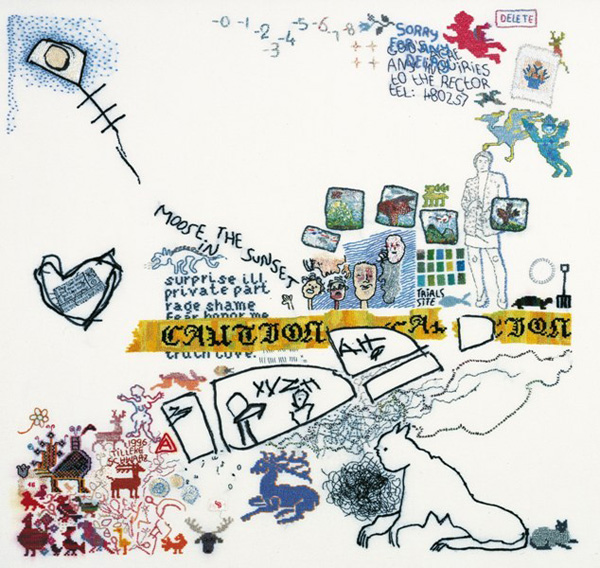 Moose in the sunset, hand embroidery on fine linen (50 count, evenweave) with a variety of fine threads (cotton, silk, rayon, polyester, metal).75 x 70 cm. Photo: Rob Mostert.