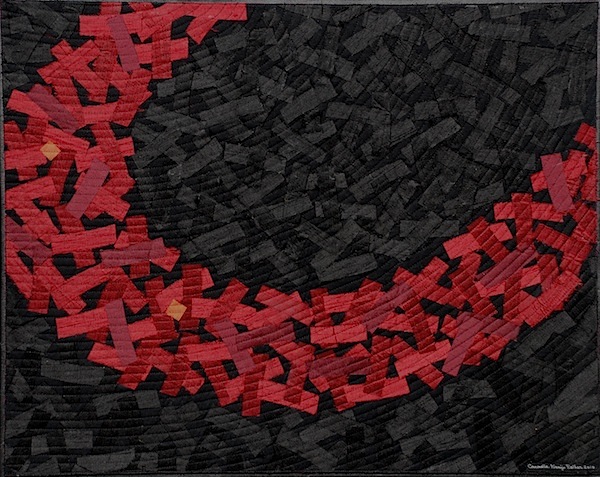 No.27, Number Series, 24hx30w inches, silk, thread, collage of silk pieces, machine stitched and mounted on painted canvas. Photo: Carmella Karijo Rother.