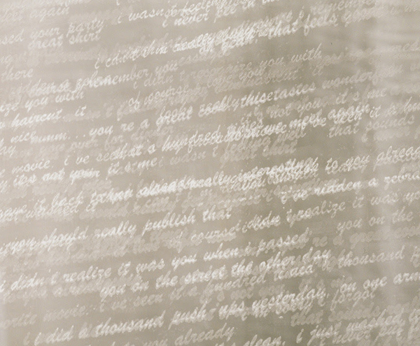 Detail: Lies, lies, lies…, VAV Gallery, Montréal, QC. Layered screenprint made of collected lies on silk organza, 2004, 12" H x 12" W, screenprint. Photo: Guy L'Heureux.