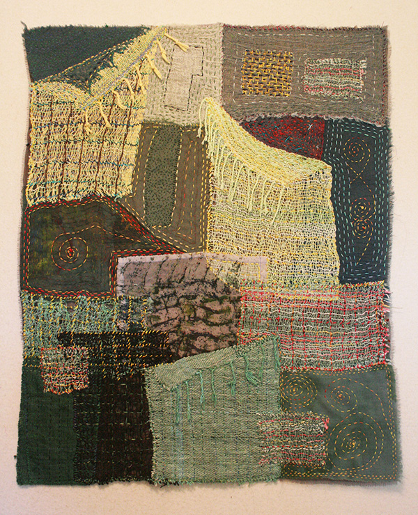 Textures, 21" x 27", created from a variety of loosely woven cottons and silks, completely hand stitched. Hung suspended from a narrow slat, so that the light may go through it. Photo: Rosemary Claus-Gray