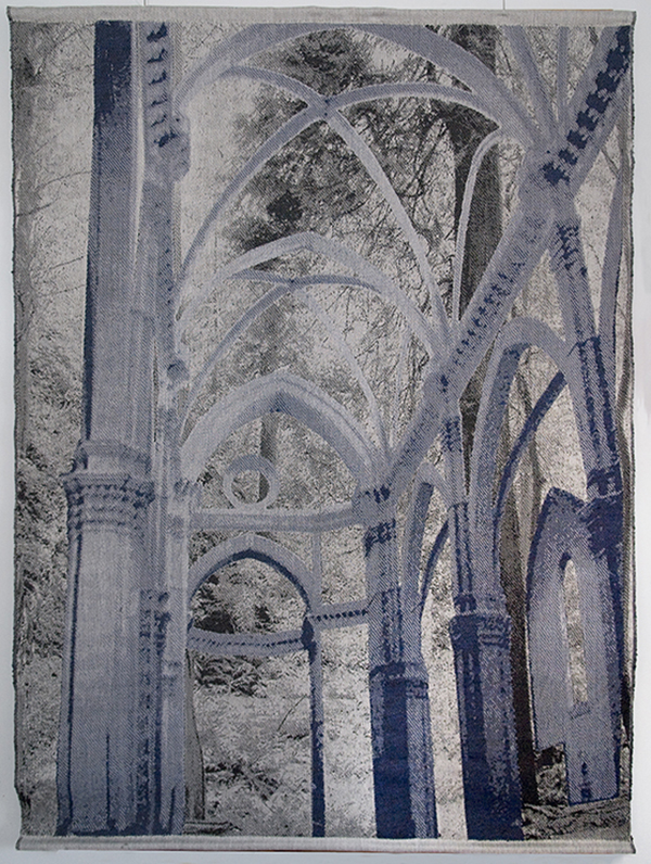 My Forest, My Cathedral, 2008, Jacquard weaving. Backgroud trees from a photo shot by in Vancouver. The foreground architecture is a photo shot inside the Cathedral in Florence, Italy -- Both shot by Louise L.Berube Cotton, wool, linen, 170x108 cm.