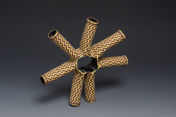 Mandela, watercolor paper, acrylic paint, waxed linen thread, 2013, 11 x 11 x 2", diagonal twill woven basketry, sewn rim, Photo: Ken Rowe