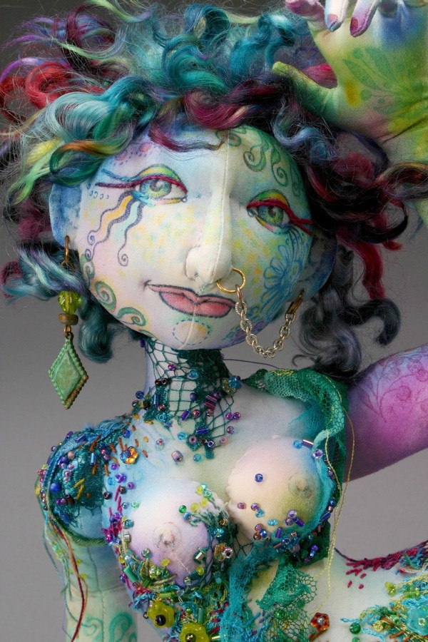 Detail: Moana, 12" H, undyed cotton, hand dyed cottons, silk, lace, netting, chiffon, wire, beads, old jewelry, hand dyed mohair, fabric paints, pencil crayon.