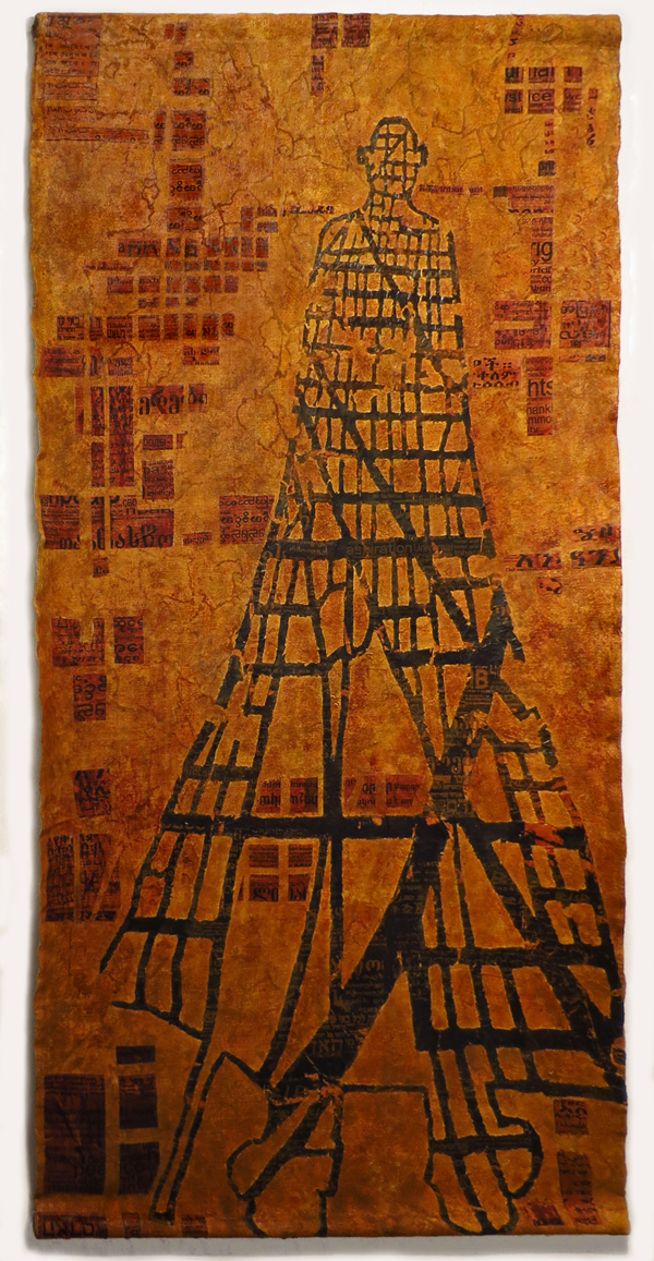 Urban Solitude II, canvas, newspaper, 2013, 146 cm x 76 cm, wall hanging. Photo: Tihanyi & Bakos