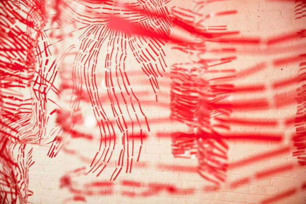 Timelines, detail, machine sewn Rubylith® plastic, tulle, 2014, 15' x 10' x 10' Photo: Christine Mauersberger