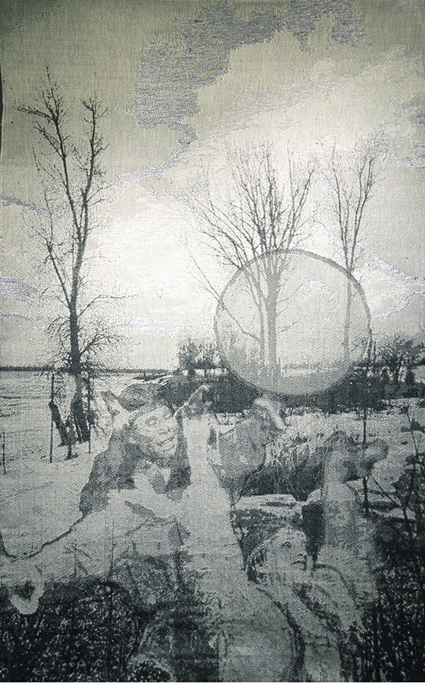 Lights of the Solstice, 2004. Jacquard weaving Background : a photo on the St-Lawrence river, shot near my home in LaSalle. Foreground : a photo of North American Indians shot by Anna Crawford, Cotton, linen and metalized sewing threads, 160x108 cm.